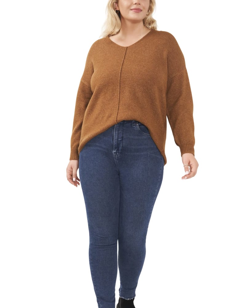 Front of a model wearing a size 1X Freya Cozy Sweater in TOASTED by Vince Camuto. | dia_product_style_image_id:261203